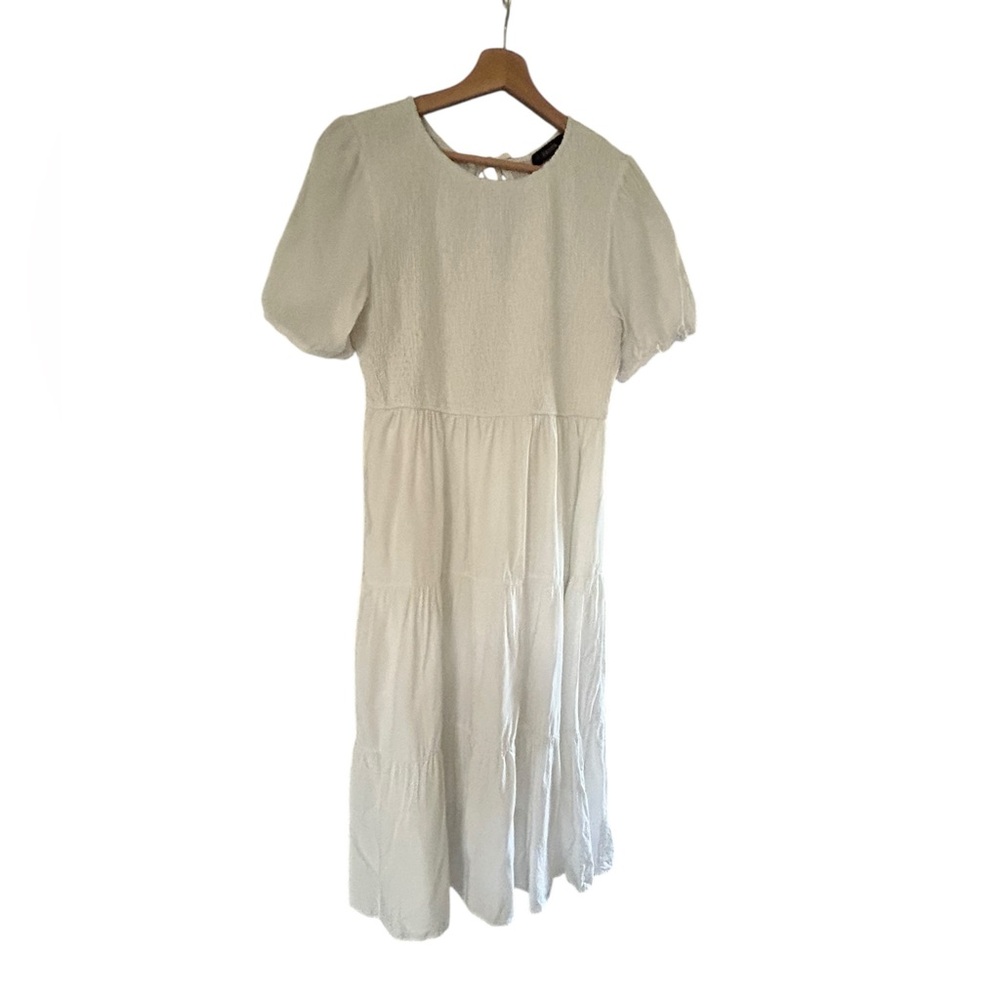 ZESICA Smocked Bodice White Tiered Midi Dress | Puff Sleeves | XL